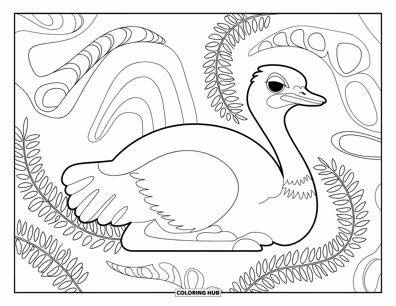 Ostrich Coloring Page for Adults: An ostrich rests among ferns and spiraling vines in a peaceful, patterned scene