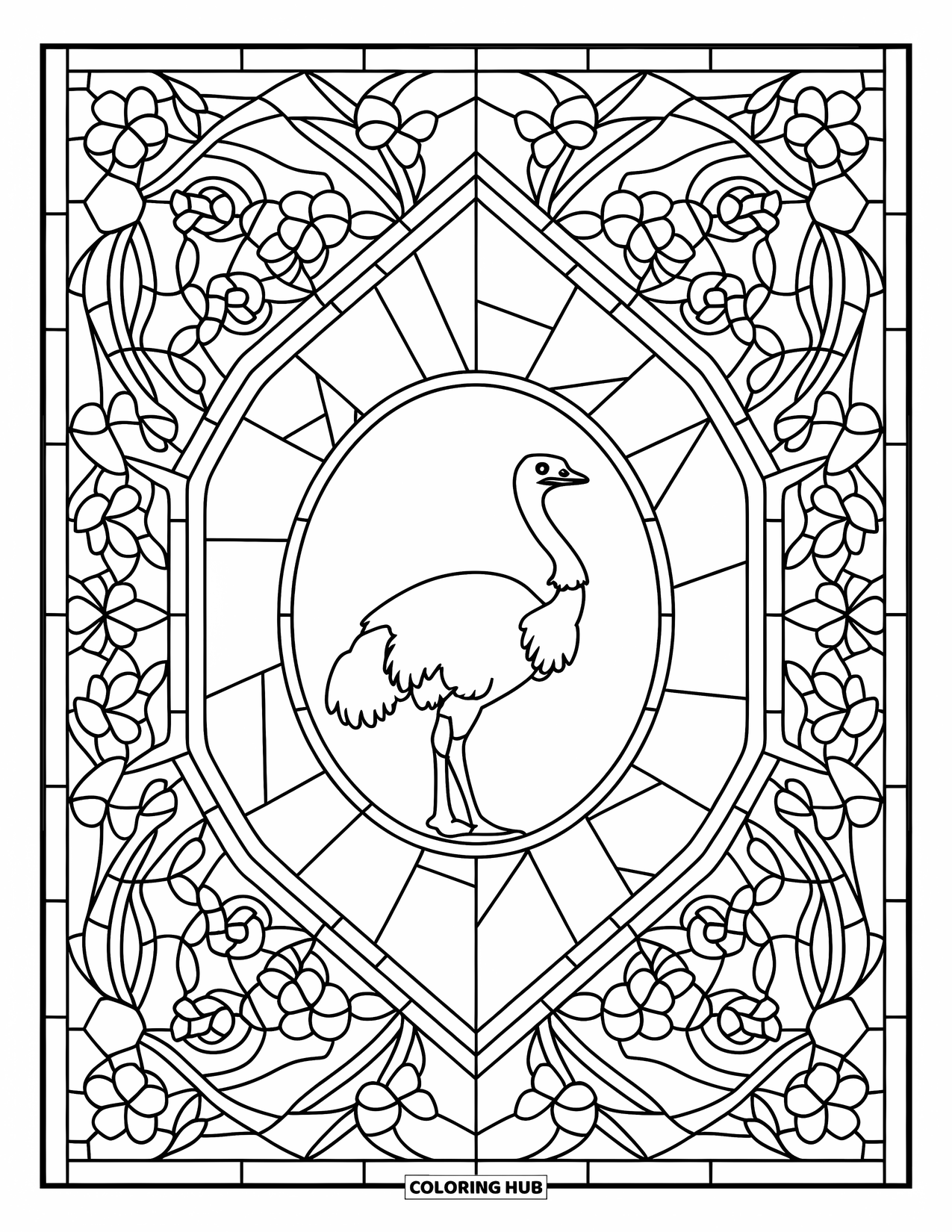 Ostrich Coloring Page for Adults: An ostrich silhouette is surrounded by vines and flowers in a stained glass layout