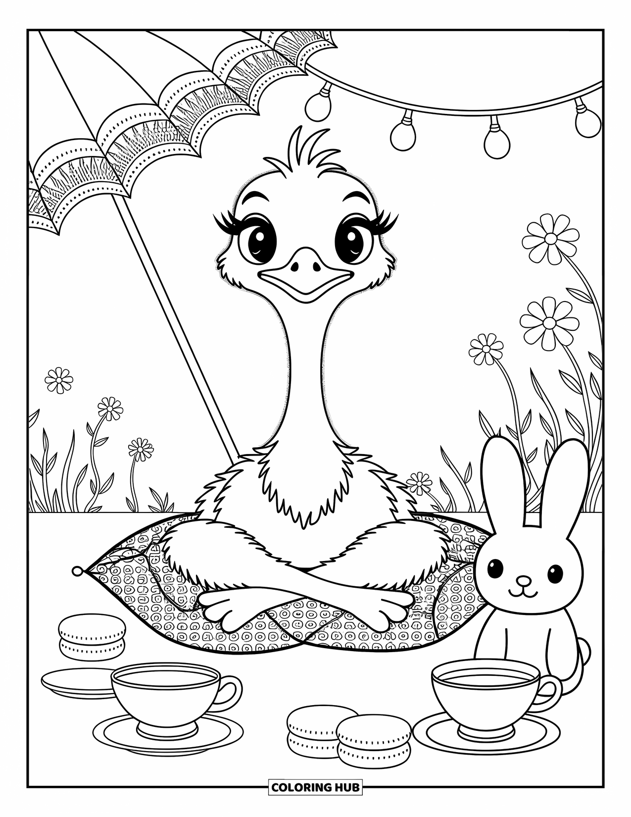 Ostrich Coloring Page for Adults: An ostrich sips tea with sweets, a parasol, and string lights in a cozy setup