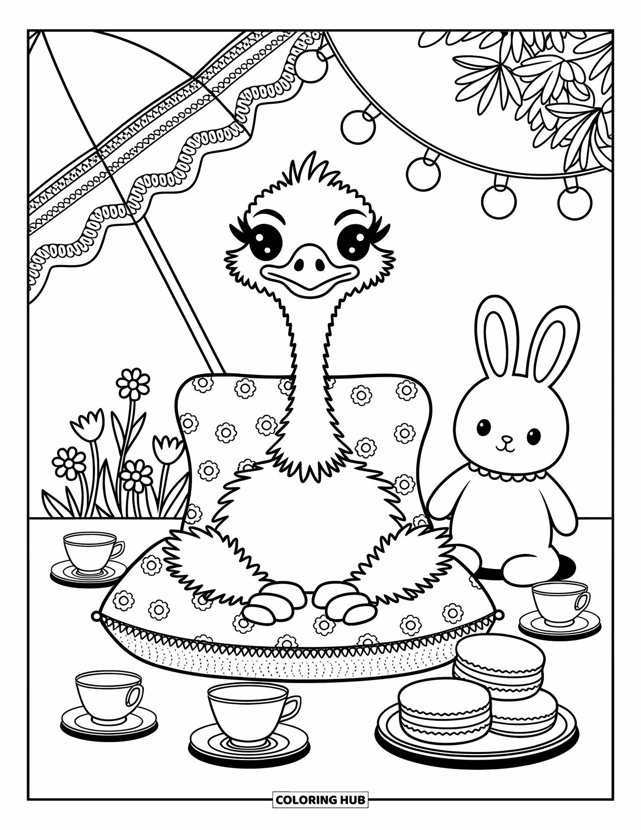 Ostrich Coloring Page for Adults: An ostrich sits on a cushion with tea cups, macarons, and a plush bunny
