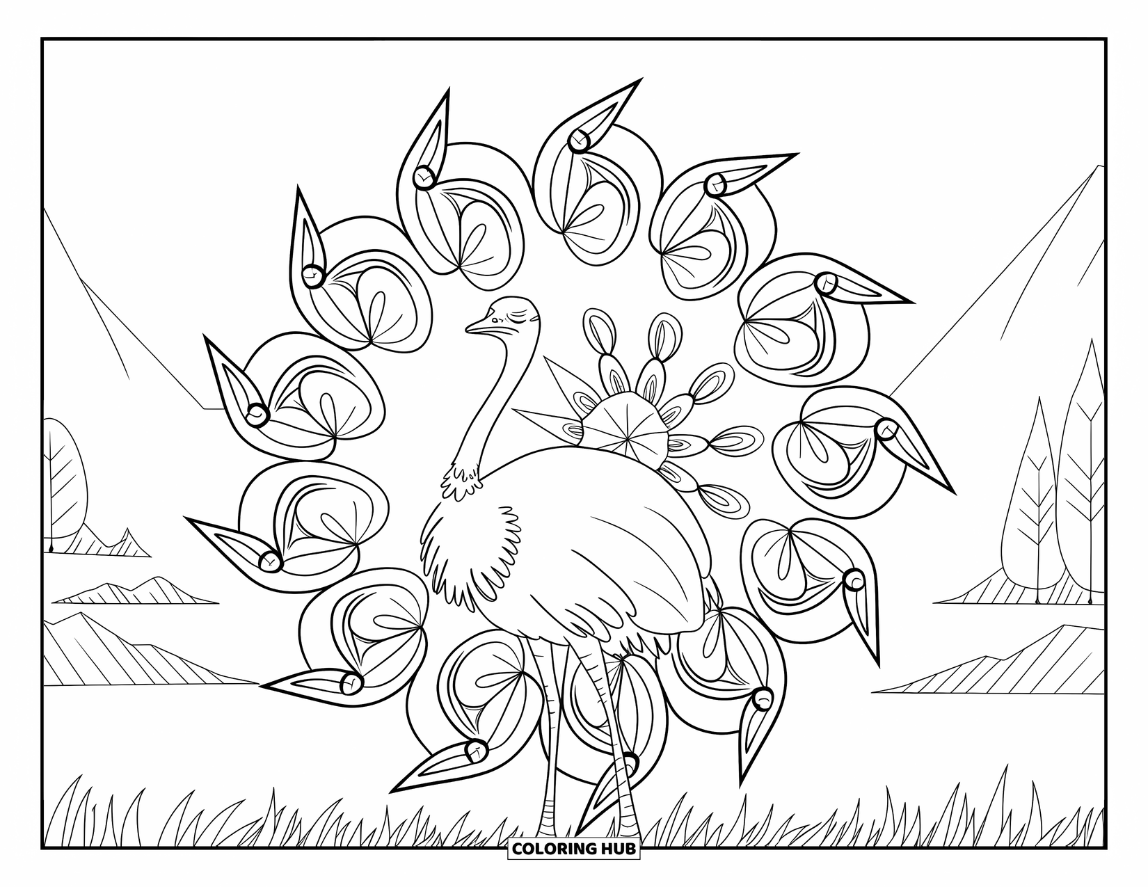 Ostrich Coloring Page for Adults: An ostrich stands in a grassy field surrounded by a spiraling floral mandala design