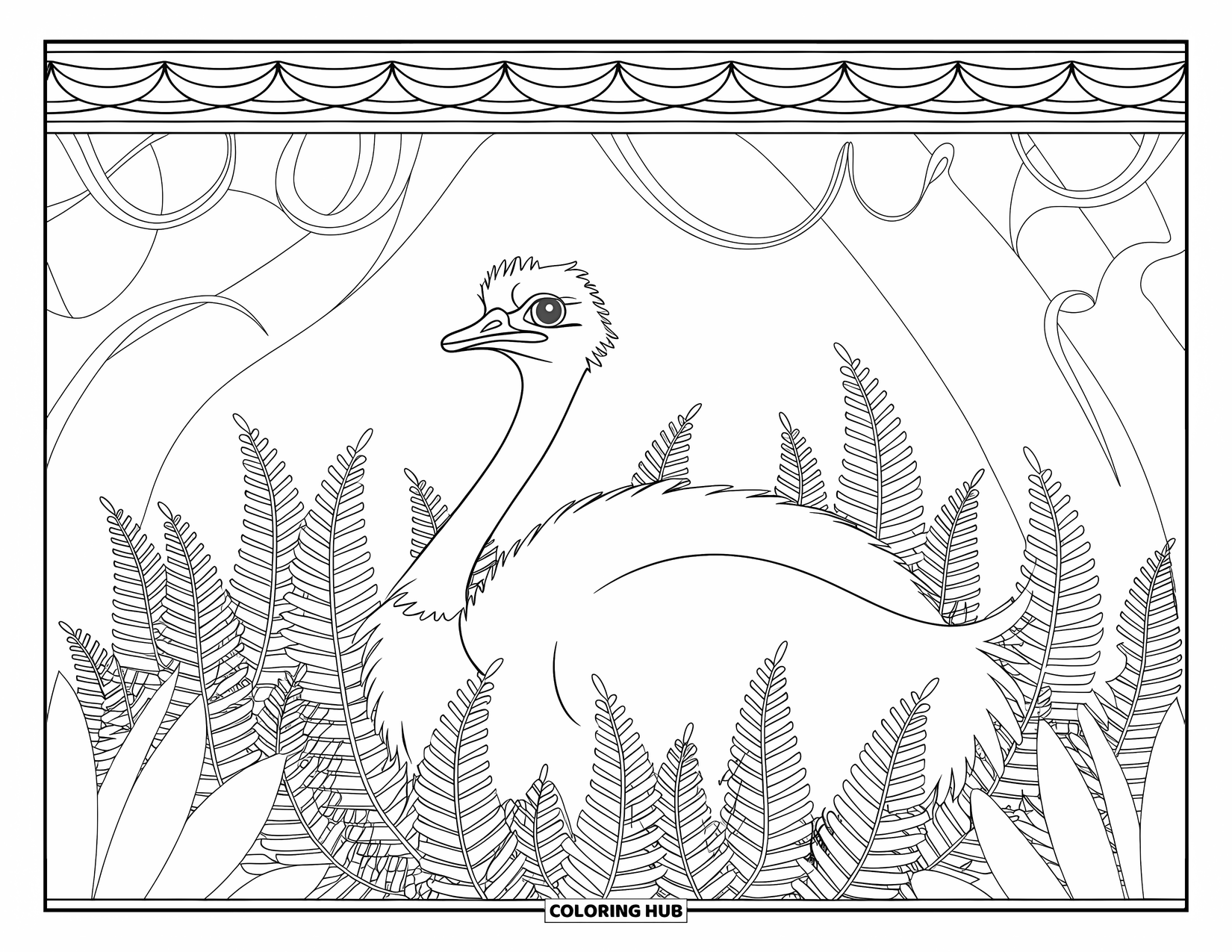 Ostrich Coloring Page for Adults: An ostrich stands in tall ferns with spiraling vines and decorative arches all around