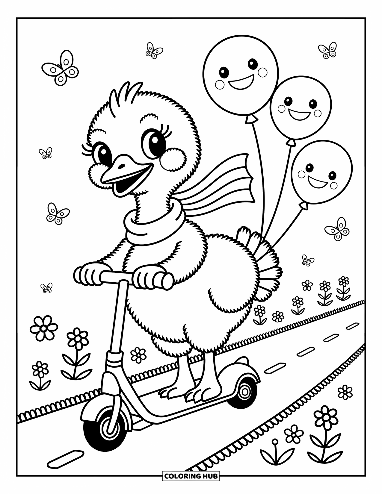 Ostrich Coloring Page for Adults: An ostrich zooms down a path on a scooter with balloons and floating leaves