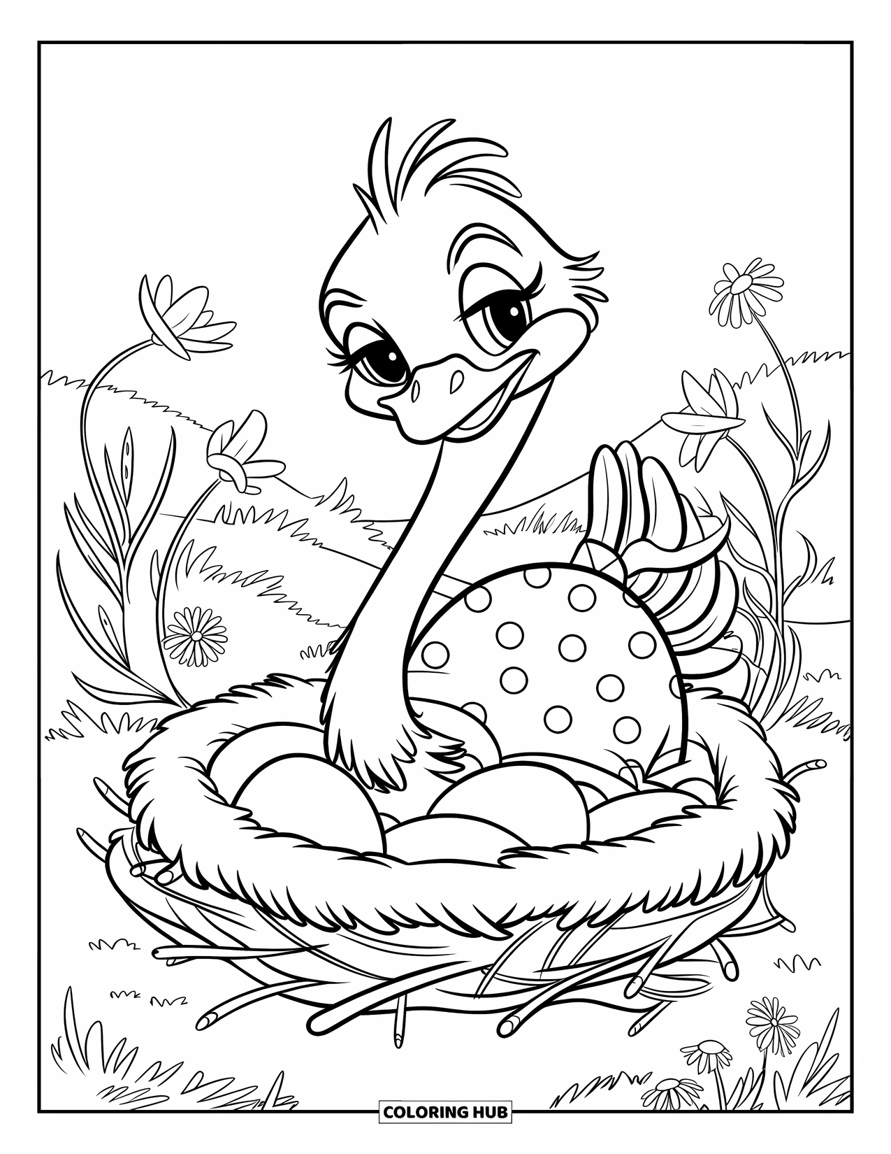 Ostrich Coloring Page for Kids: An ostrich in a polka-dot dress sits on eggs in a gentle nest