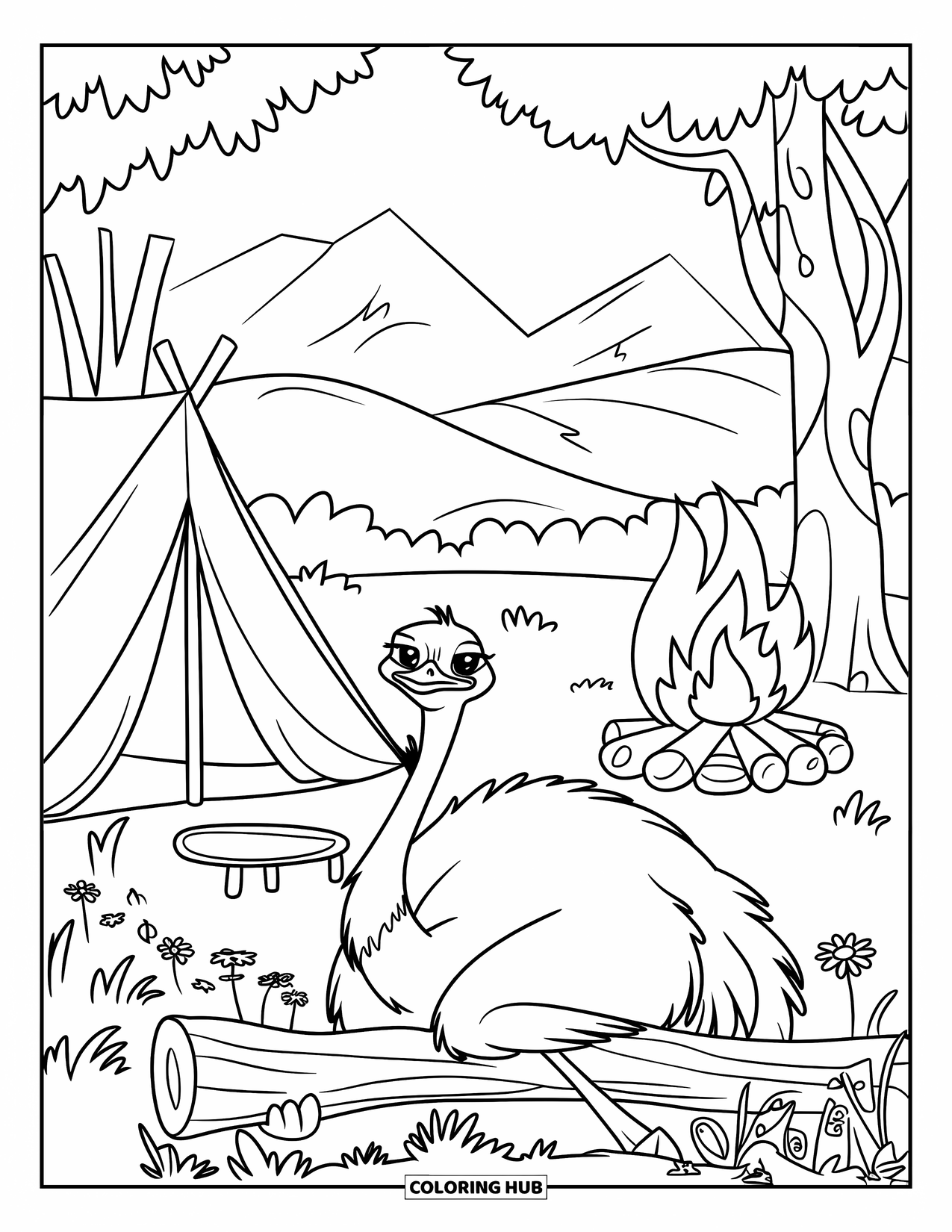 Ostrich Coloring Page for Kids: An ostrich lounges near a tent and campfire under mountain trees