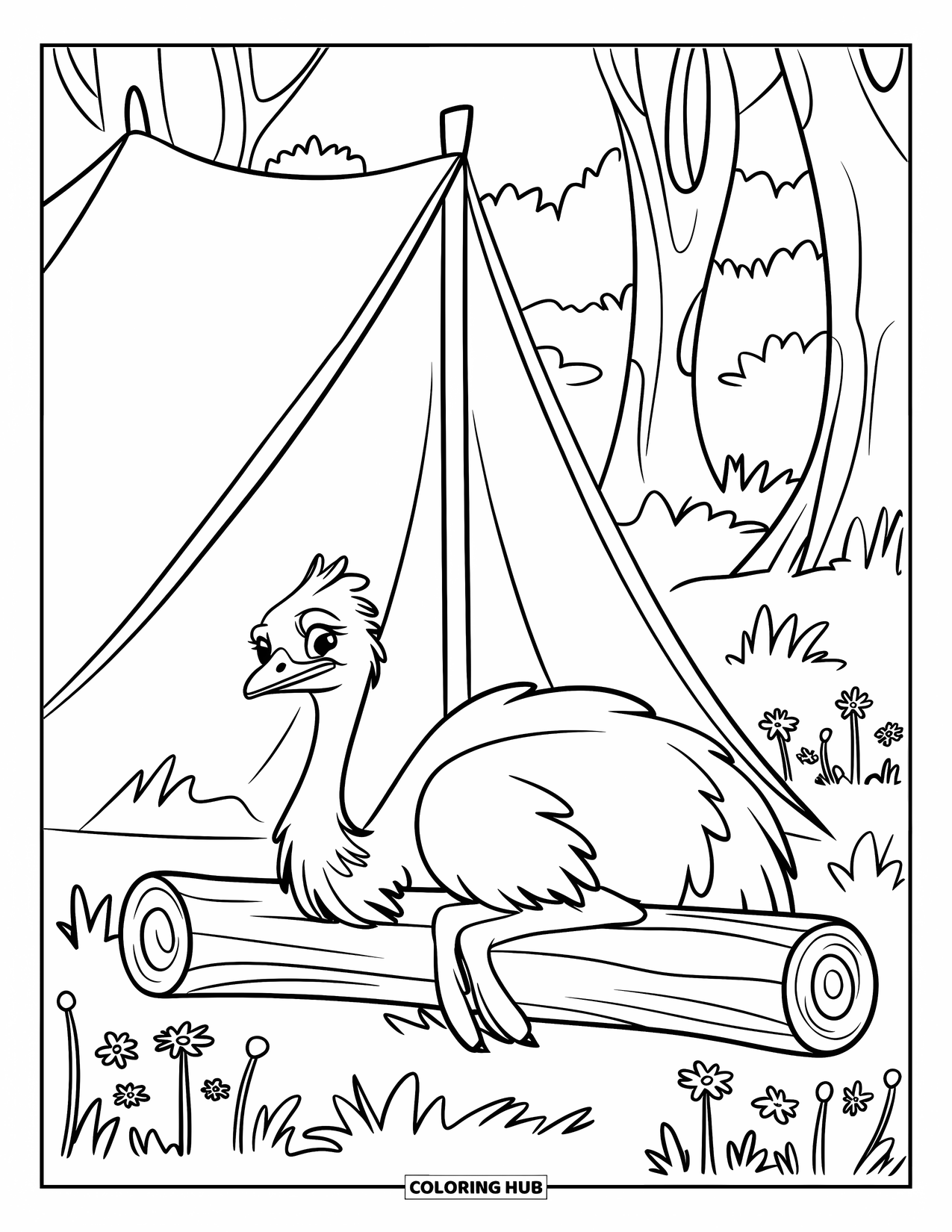 Ostrich Coloring Page for Kids: An ostrich rests beside a log in a cozy forest campsite