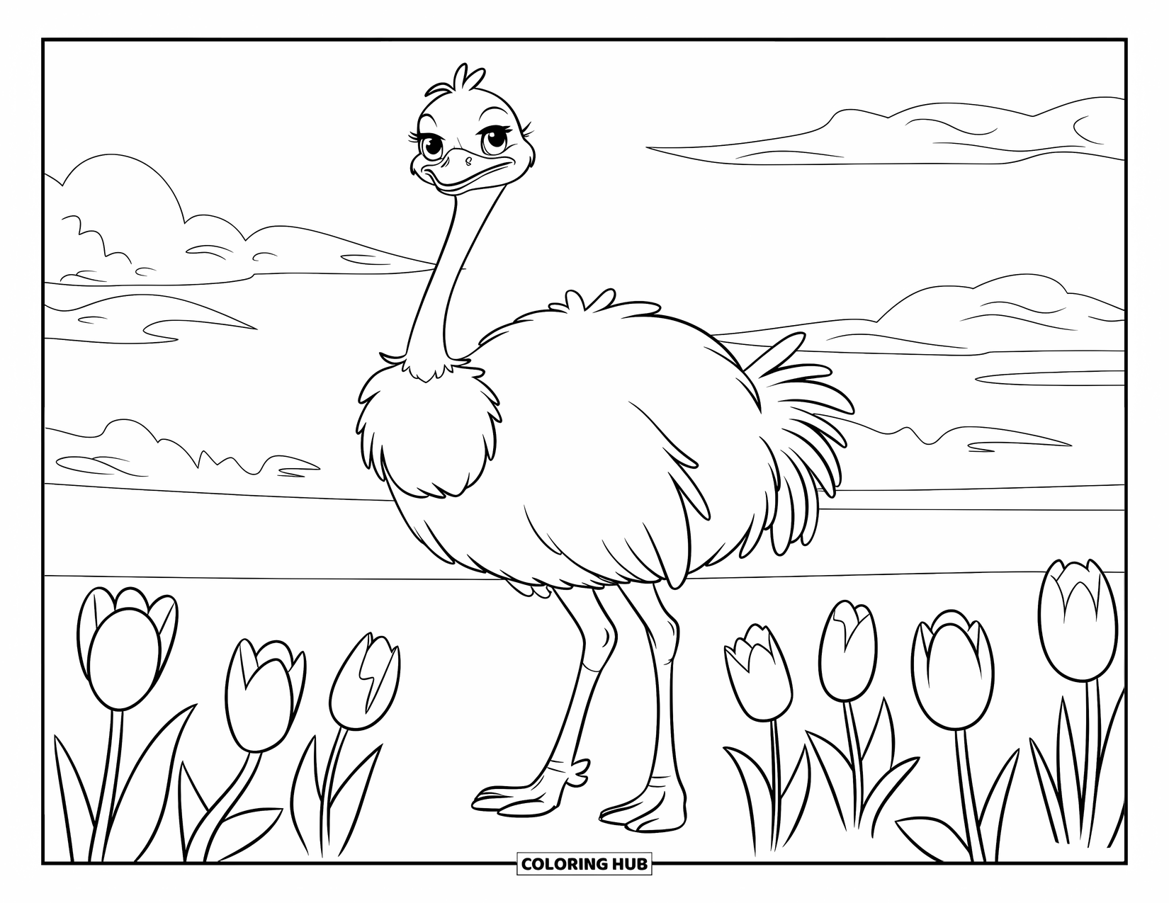 Ostrich Coloring Page for Kids: Fluffy ostrich stands tall among blooming tulips and fluffy clouds