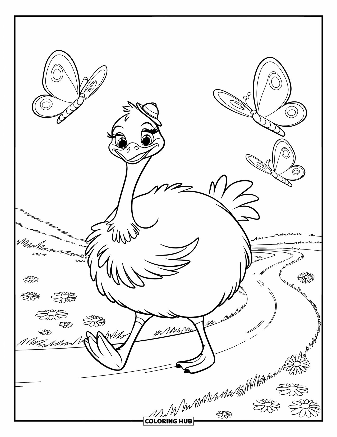 Ostrich Coloring Page for Kids: Happy ostrich walks a winding trail while butterflies flutter above