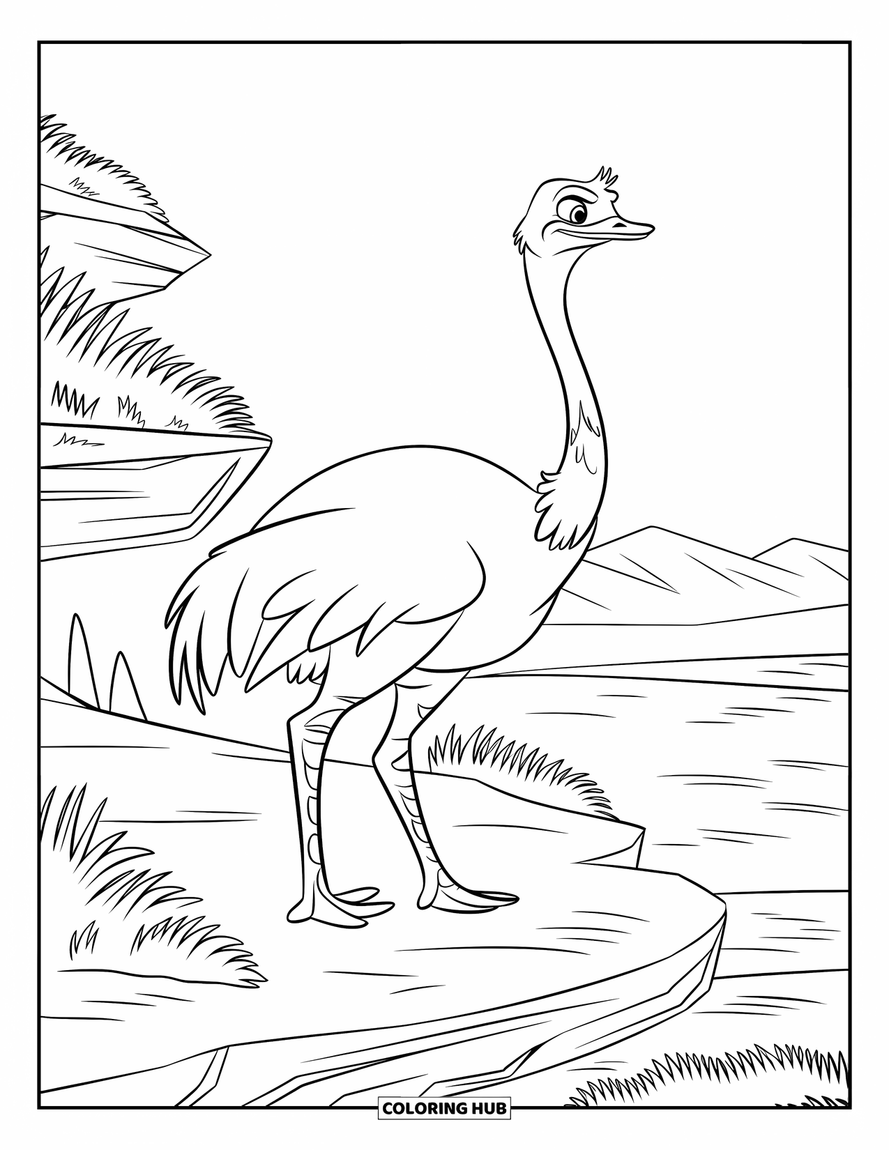 Ostrich Coloring Page for Kids: Long-necked ostrich stands tall in a rugged desert with distant hills