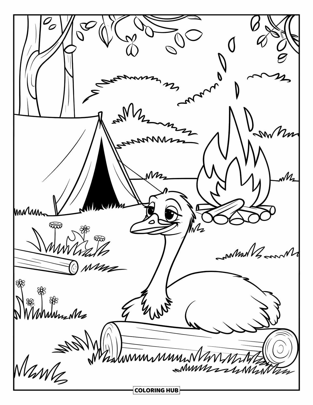 Ostrich Coloring Page for Kids: Ostrich naps near a log and wildflowers at a peaceful campsite