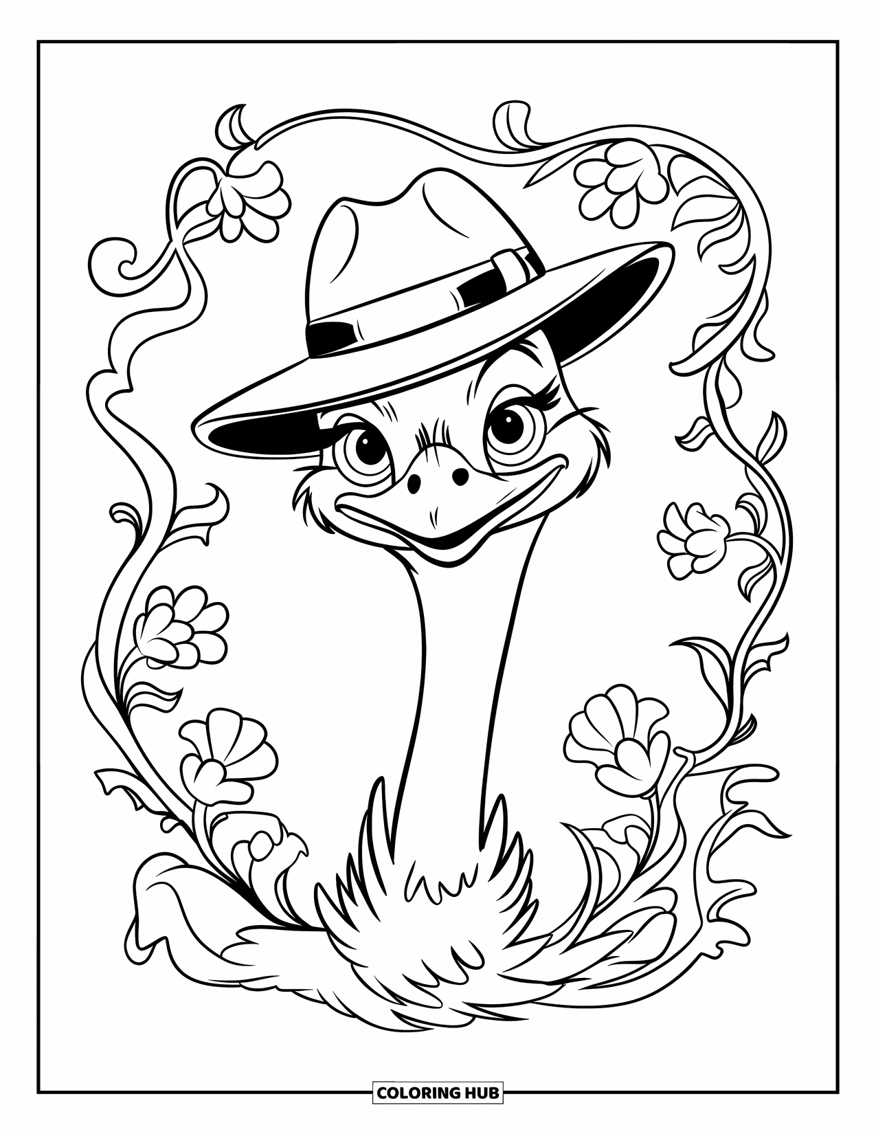 Ostrich Coloring Page for Kids: Ostrich with a cool hat stands tall among curling vines