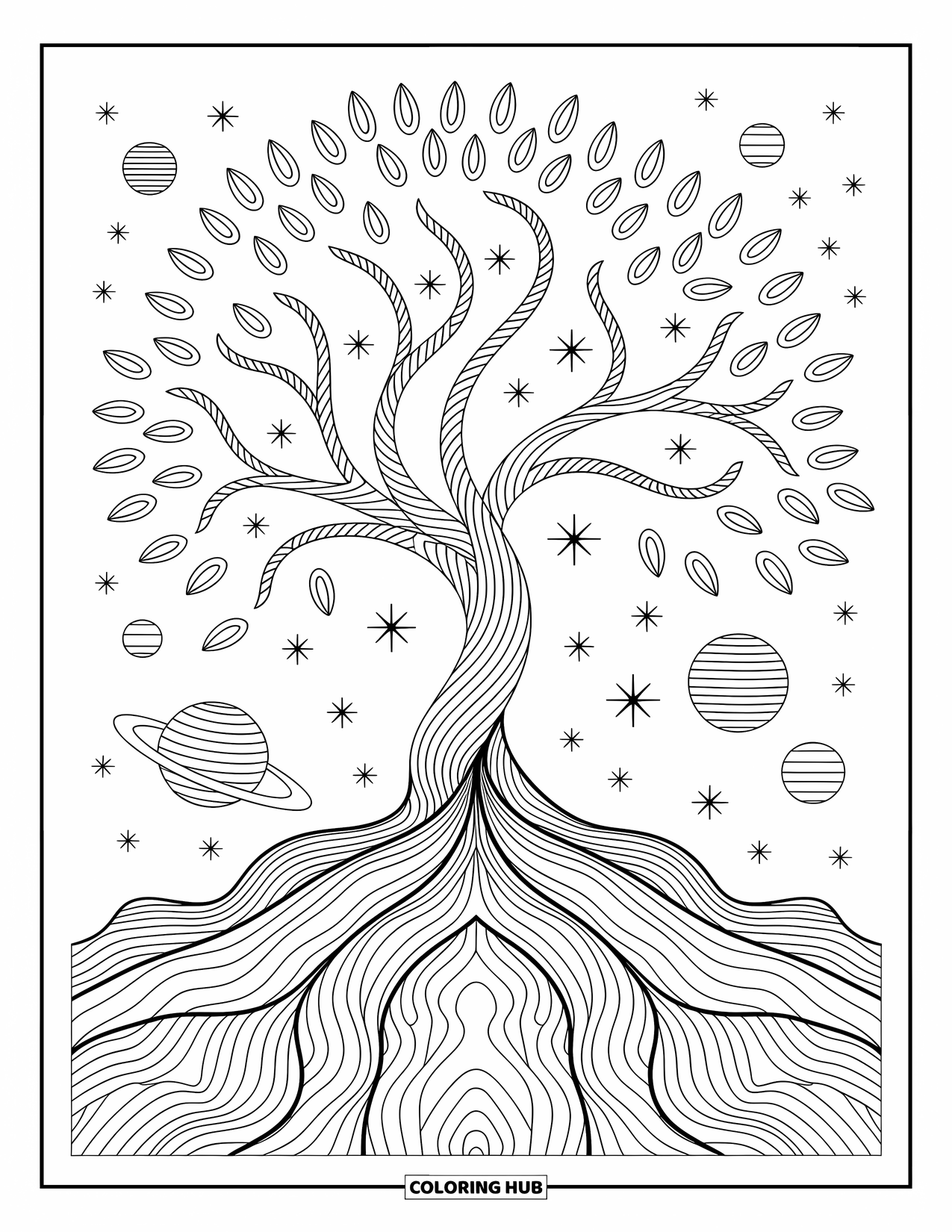 Outer Space Coloring Page for Adults: A cosmic tree with swirling roots and branches surrounded by delicate celestial patterns