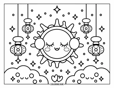 Outer Space Coloring Page for Adults: A cozy sun with sleepy eyes and earmuffs rests among fluffy clouds with galaxy lanterns
