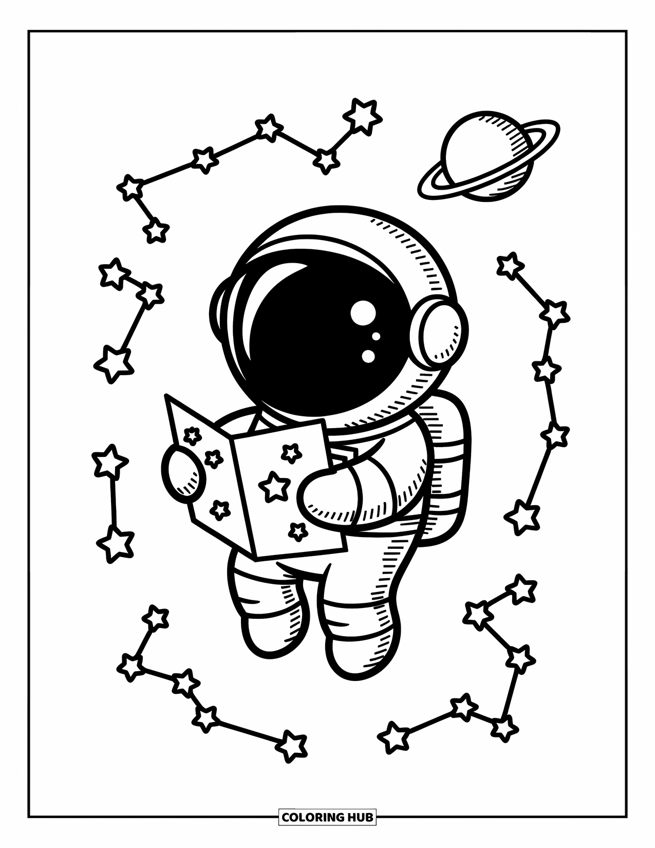 Outer Space Coloring Page for Adults: A cute astronaut floats with a playful map surrounded by cheerful sticker-like constellations