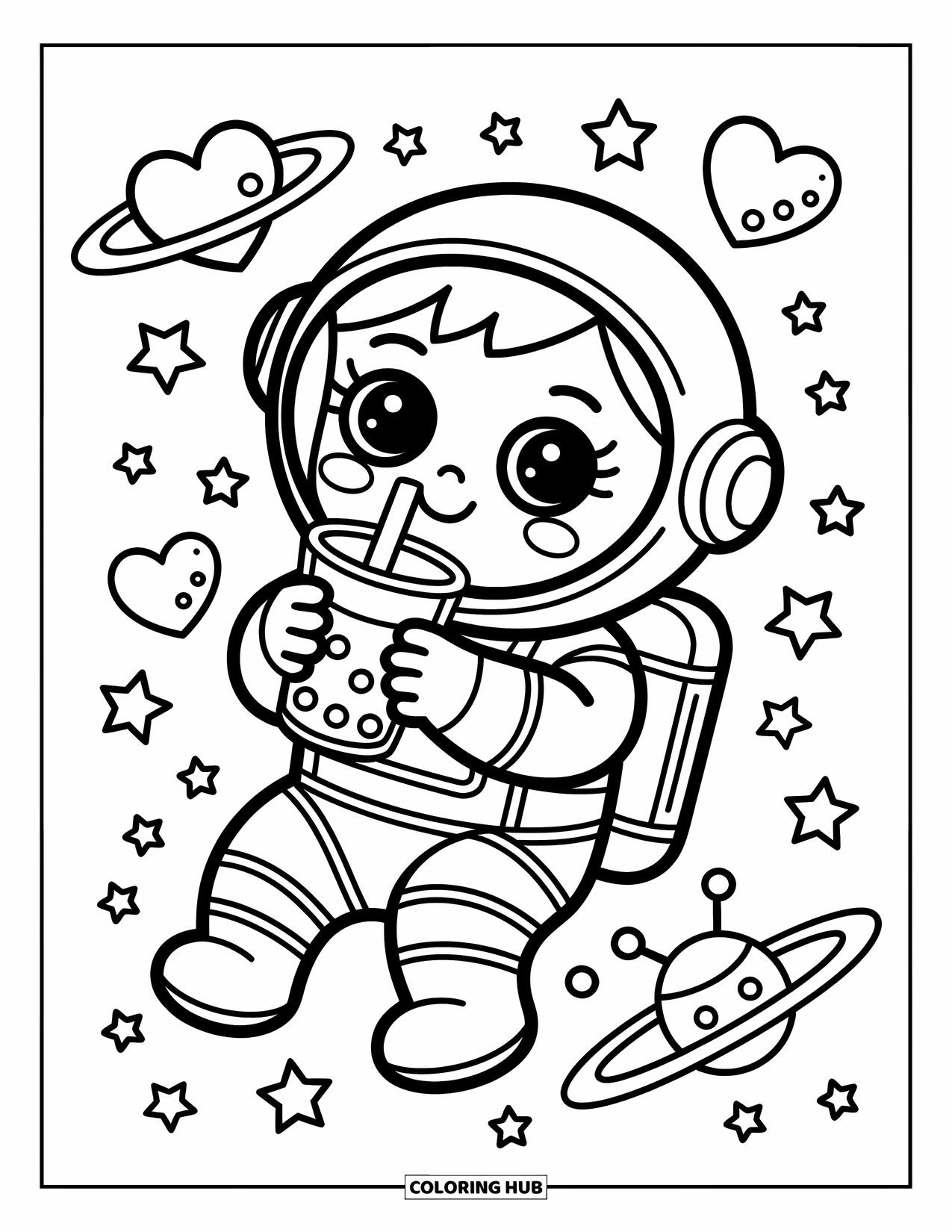 Outer Space Coloring Page for Adults: A cute astronaut sipping bubble tea drifts among stars, heart asteroids, and a tiny satellite