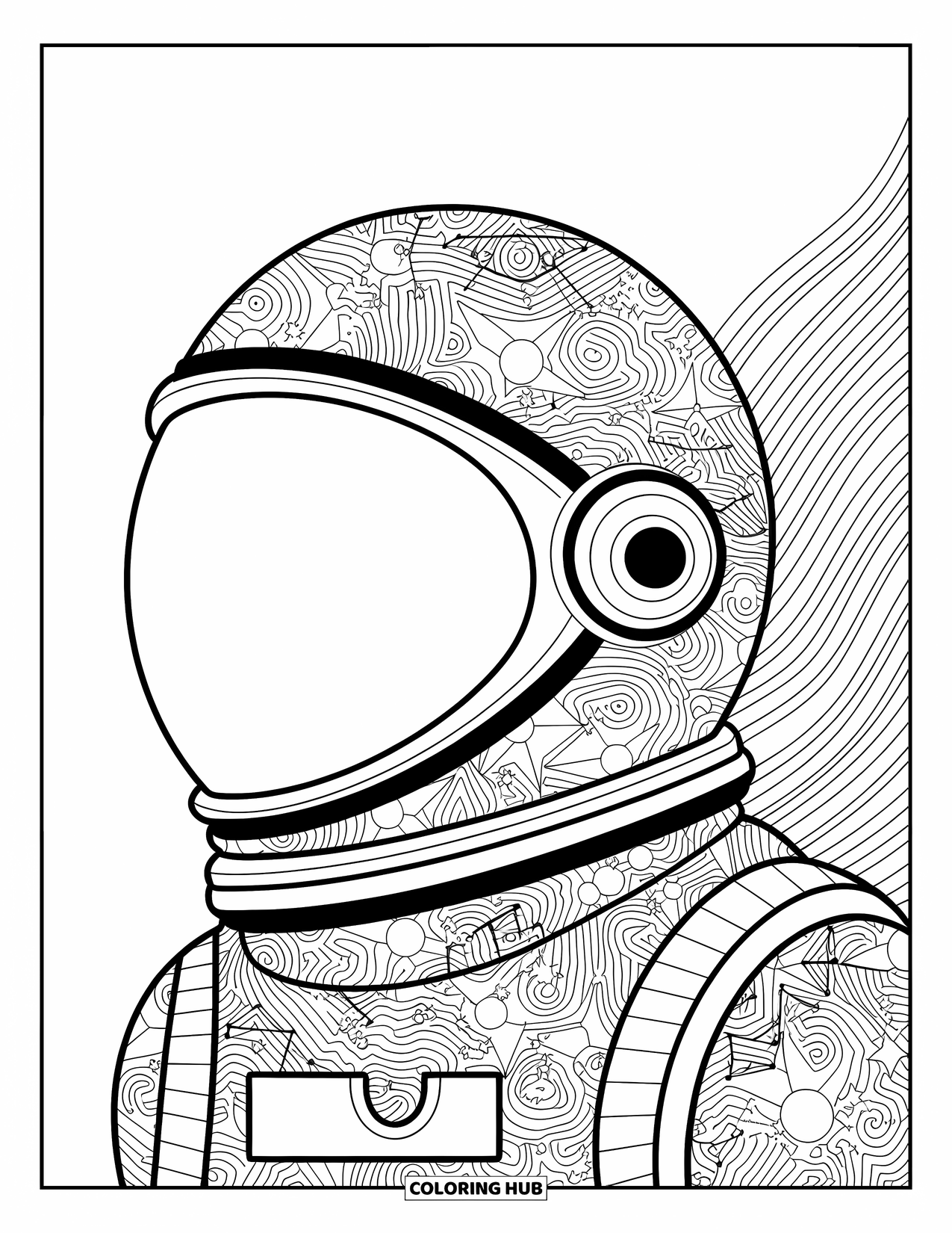 Outer Space Coloring Page for Adults: A detailed astronaut helmet brimming with swirling stars, constellations, and cosmic patterns