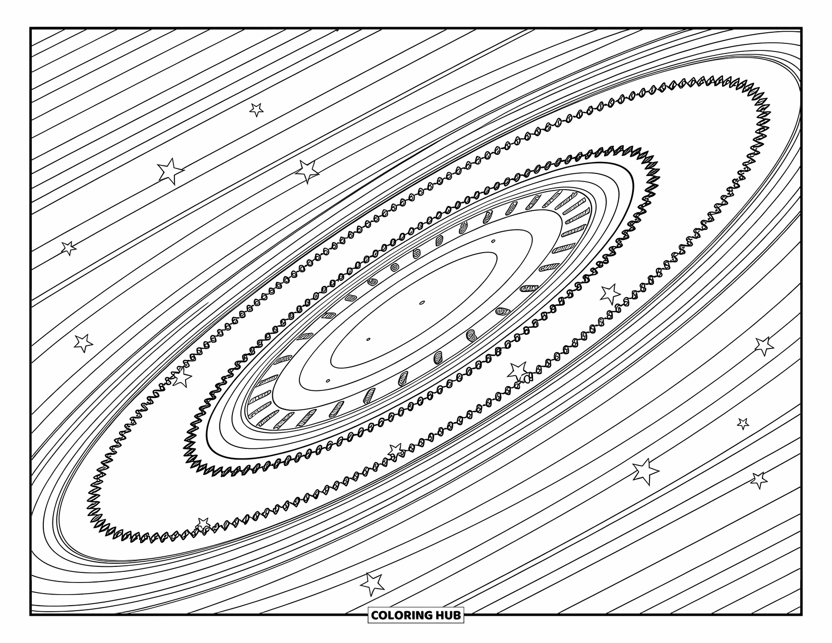 Outer Space Coloring Page for Adults: A distant spiral galaxy with scattered stars surrounded by intricate patterns