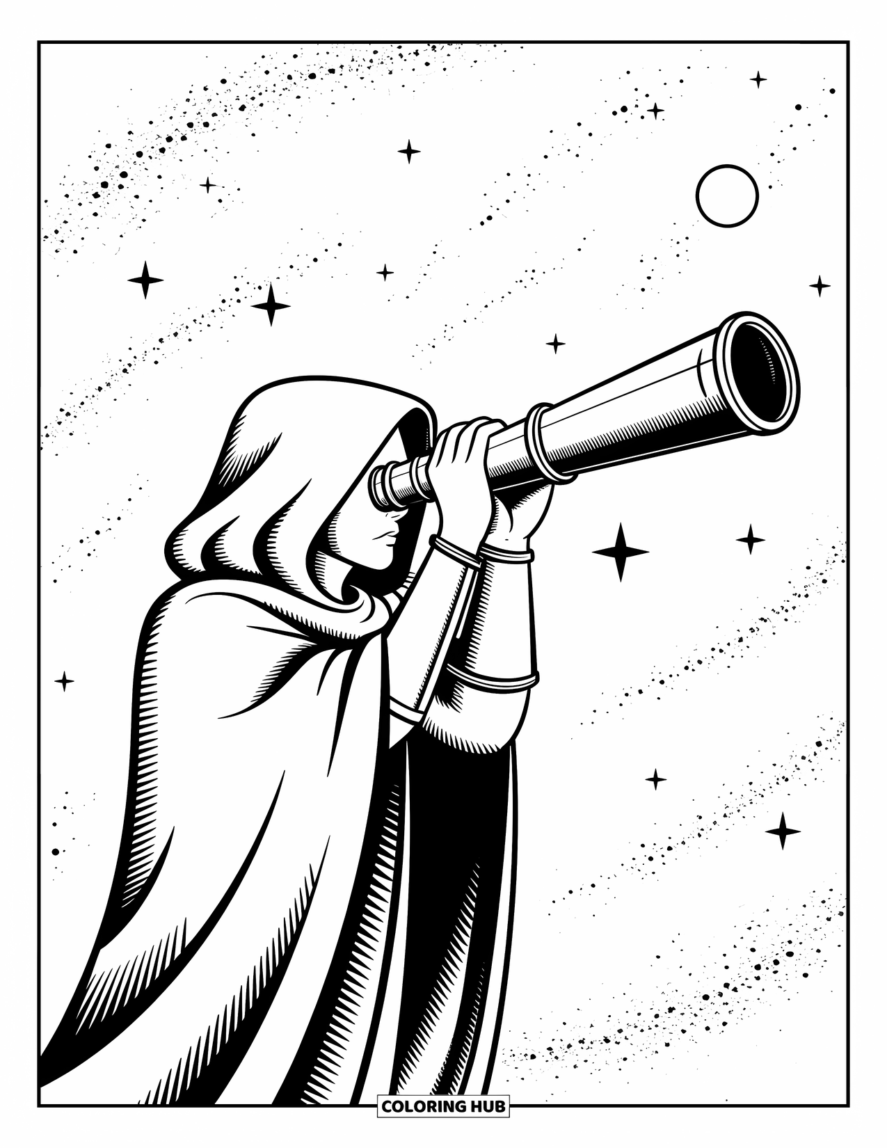Outer Space Coloring Page for Adults: A figure in a flowing cloak watches distant galaxies through an ancient telescope