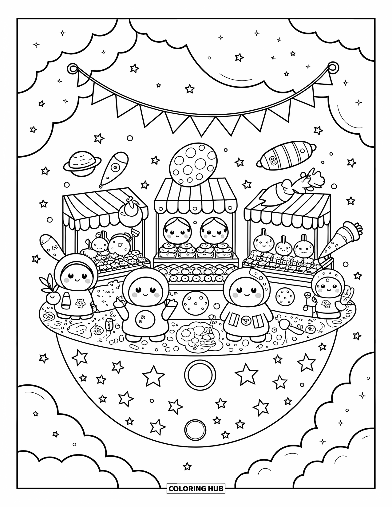 Outer Space Coloring Page for Adults: A floating planet with a bustling market run by charming space creatures and meteor stalls