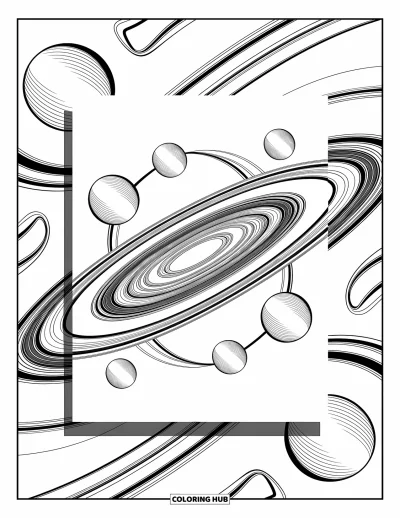 Outer Space Coloring Page for Adults: A galaxy spiral with orbiting patterns and delicate abstract shapes creating a cosmic scene