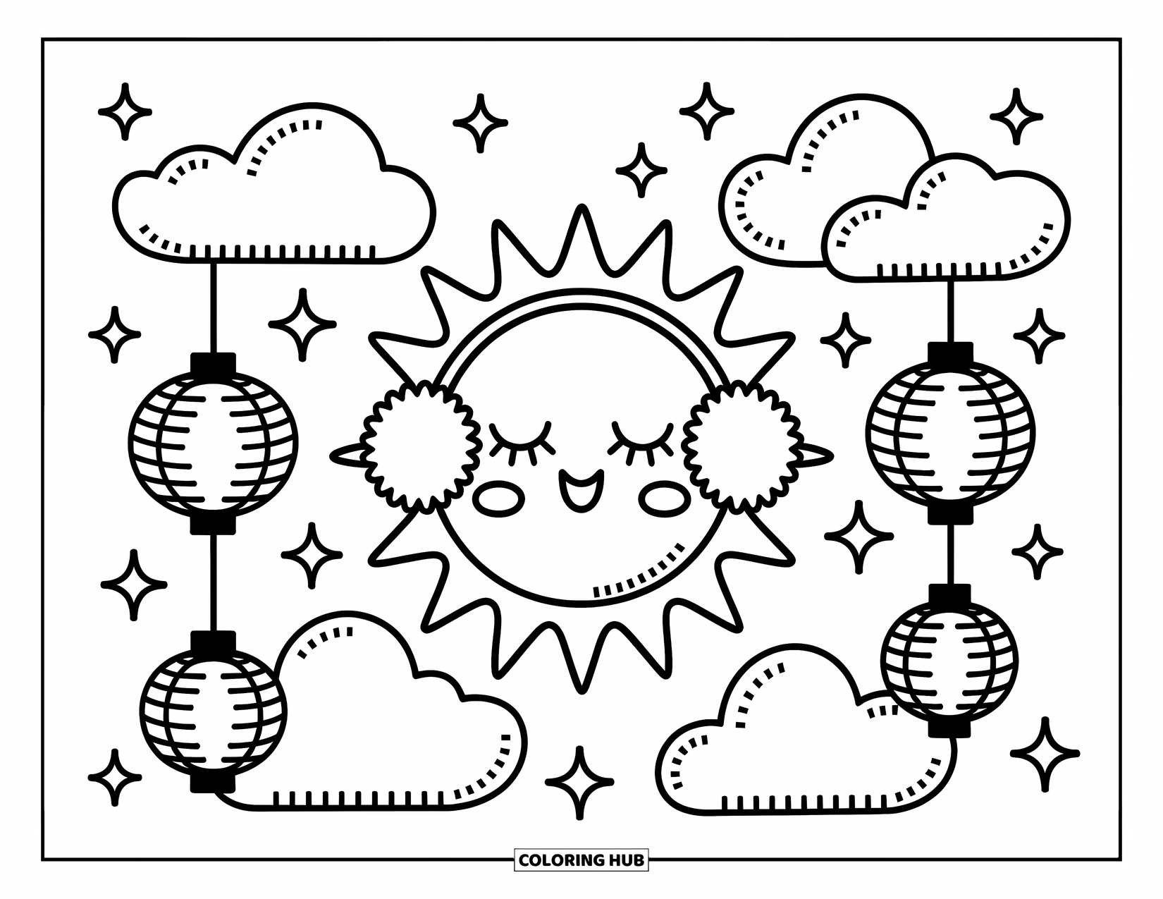 Outer Space Coloring Page for Adults: A gentle sun with earmuffs snuggled among clouds with tiny glowing galaxy lanterns