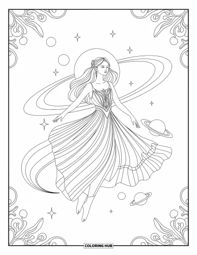 Outer Space Coloring Page for Adults: A graceful goddess floats among planets with swirling cosmic energy all around
