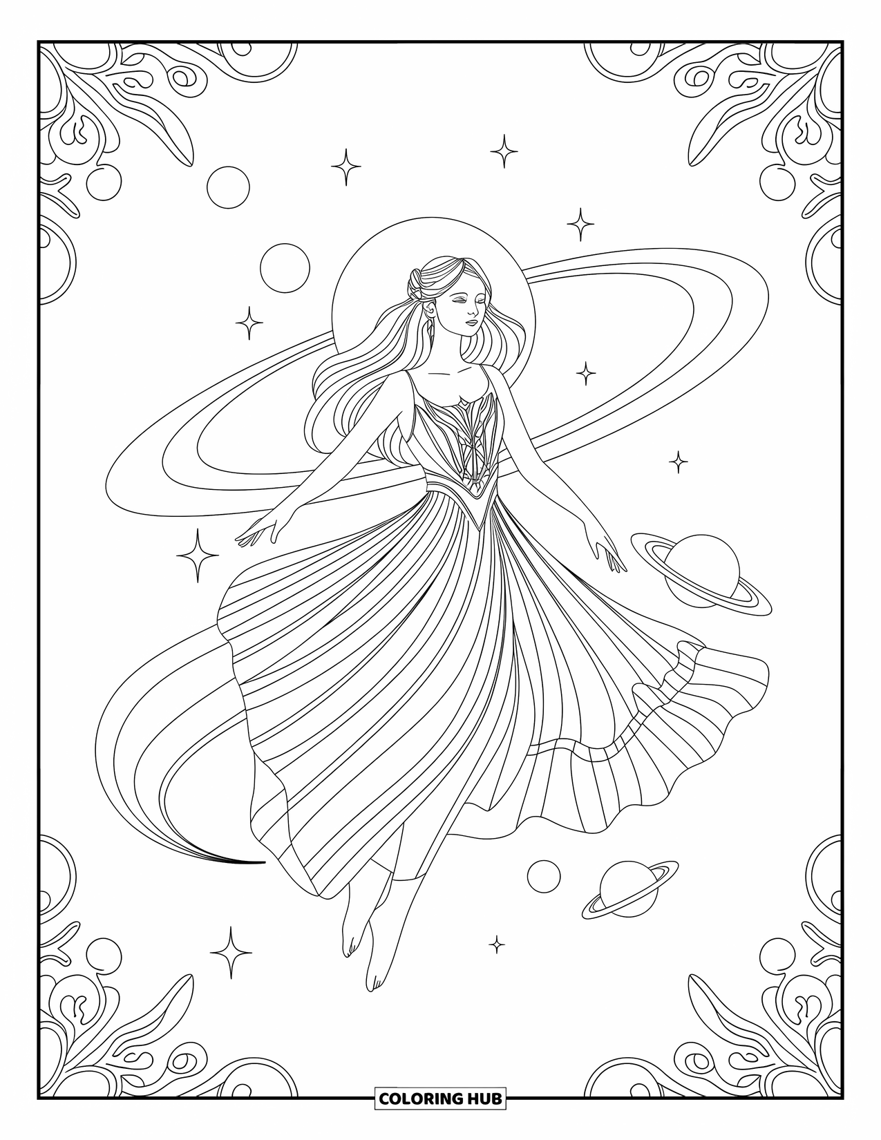 Outer Space Coloring Page for Adults: A graceful goddess floats among planets with swirling cosmic energy all around
