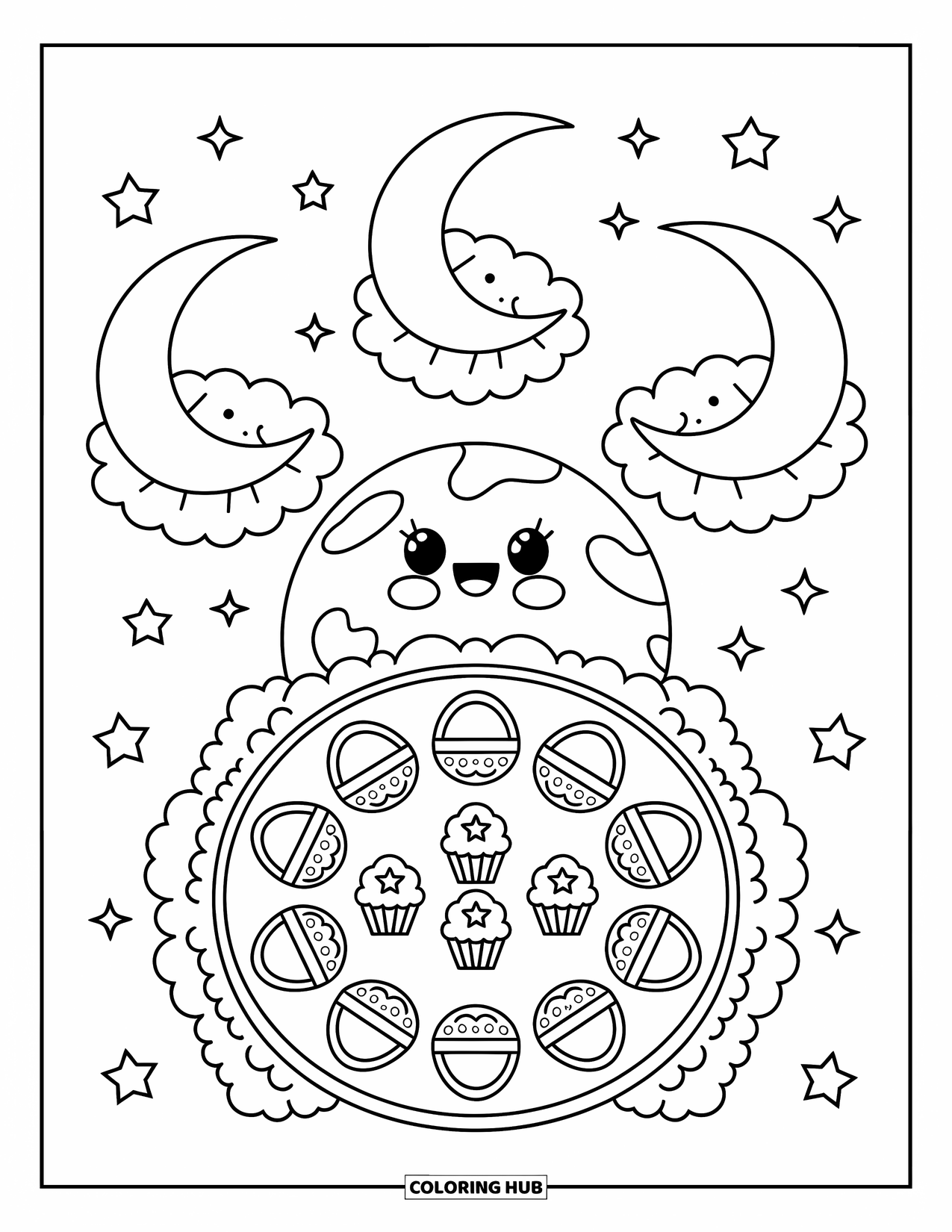 Outer Space Coloring Page for Adults: A joyful tea party with smiling moons, floating teacups, cupcakes, and twinkling stars