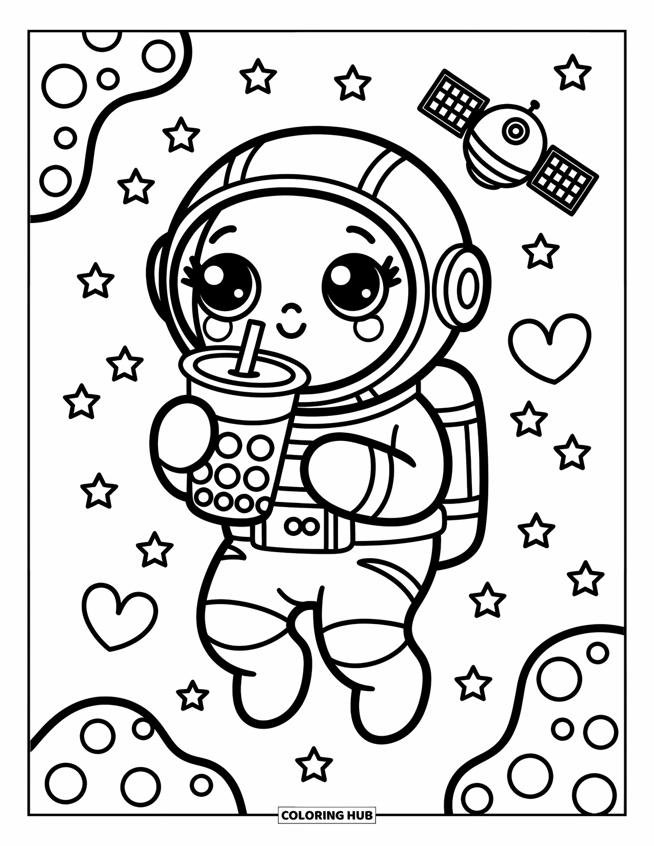 Outer Space Coloring Page for Adults: A kawaii astronaut floats with bubble tea among twinkling stars and heart-shaped asteroids