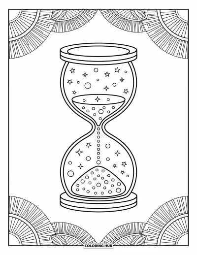 Outer Space Coloring Page for Adults: A large hourglass filled with drifting stars, tiny planets, and orbit lines
