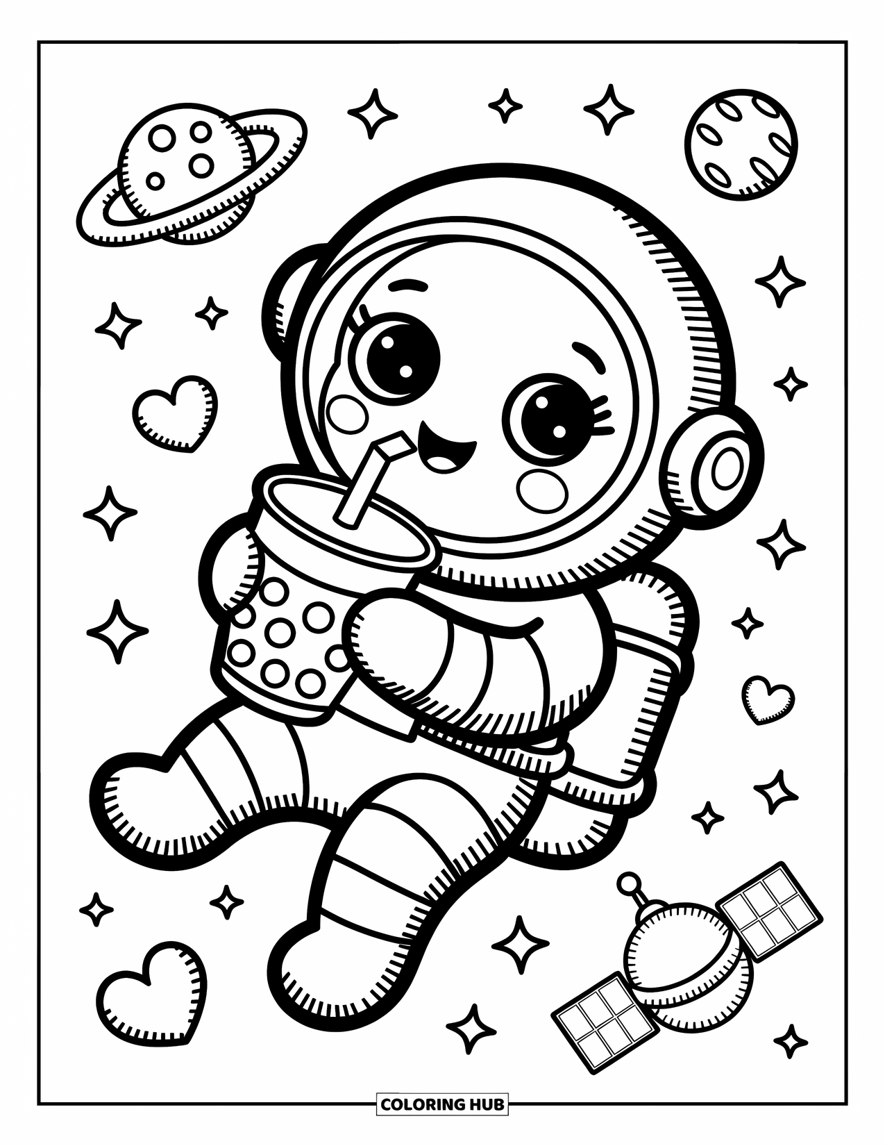 Outer Space Coloring Page for Adults: A playful astronaut floats with bubble tea, heart asteroids, and a twinkling satellite nearby