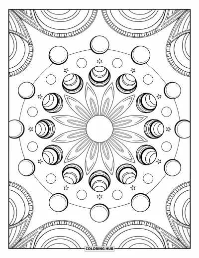 Outer Space Coloring Page for Adults: A radiant mandala of moons and stars with intricate swirling celestial patterns