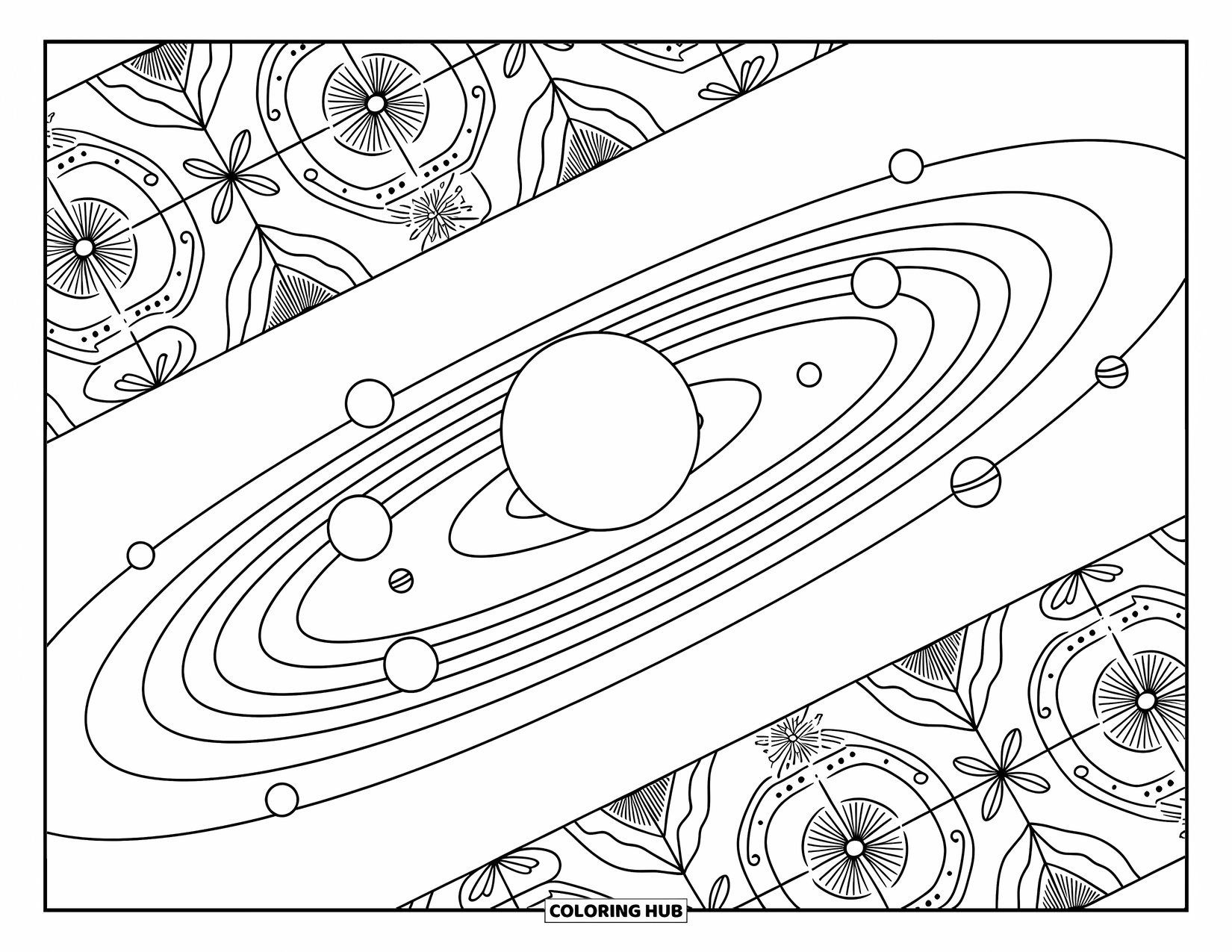 Outer Space Coloring Page for Adults: A realistic solar system with elliptical orbits surrounded by intricate artistic patterns