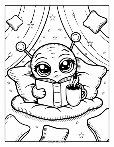 Outer Space Coloring Page for Adults: A sleepy alien with a book and mug curls up under a soft stardust canopy