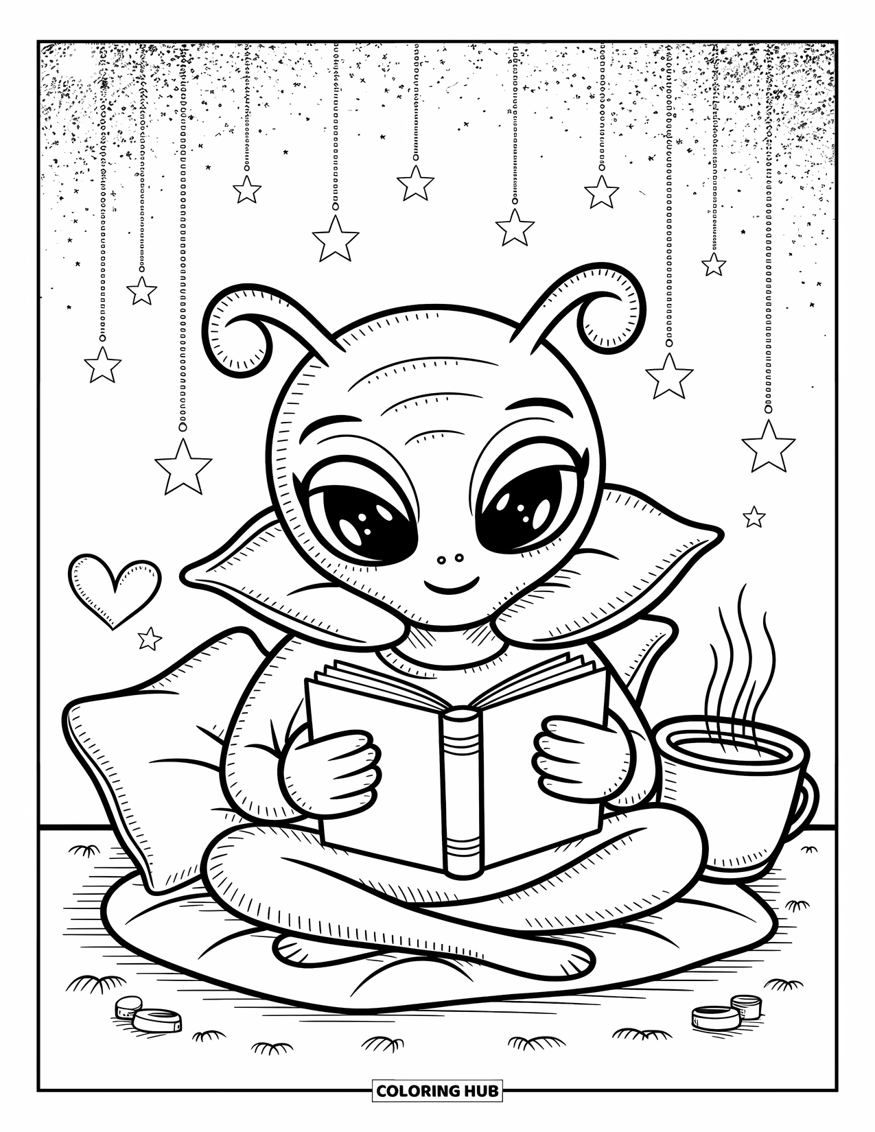 Outer Space Coloring Page for Adults: A sleepy-eyed alien with a book and mug floats under a soft stardust sky