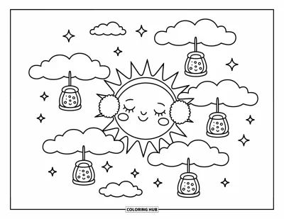 Outer Space Coloring Page for Adults: A sleepy sun with earmuffs floats among clouds holding tiny galaxy lanterns