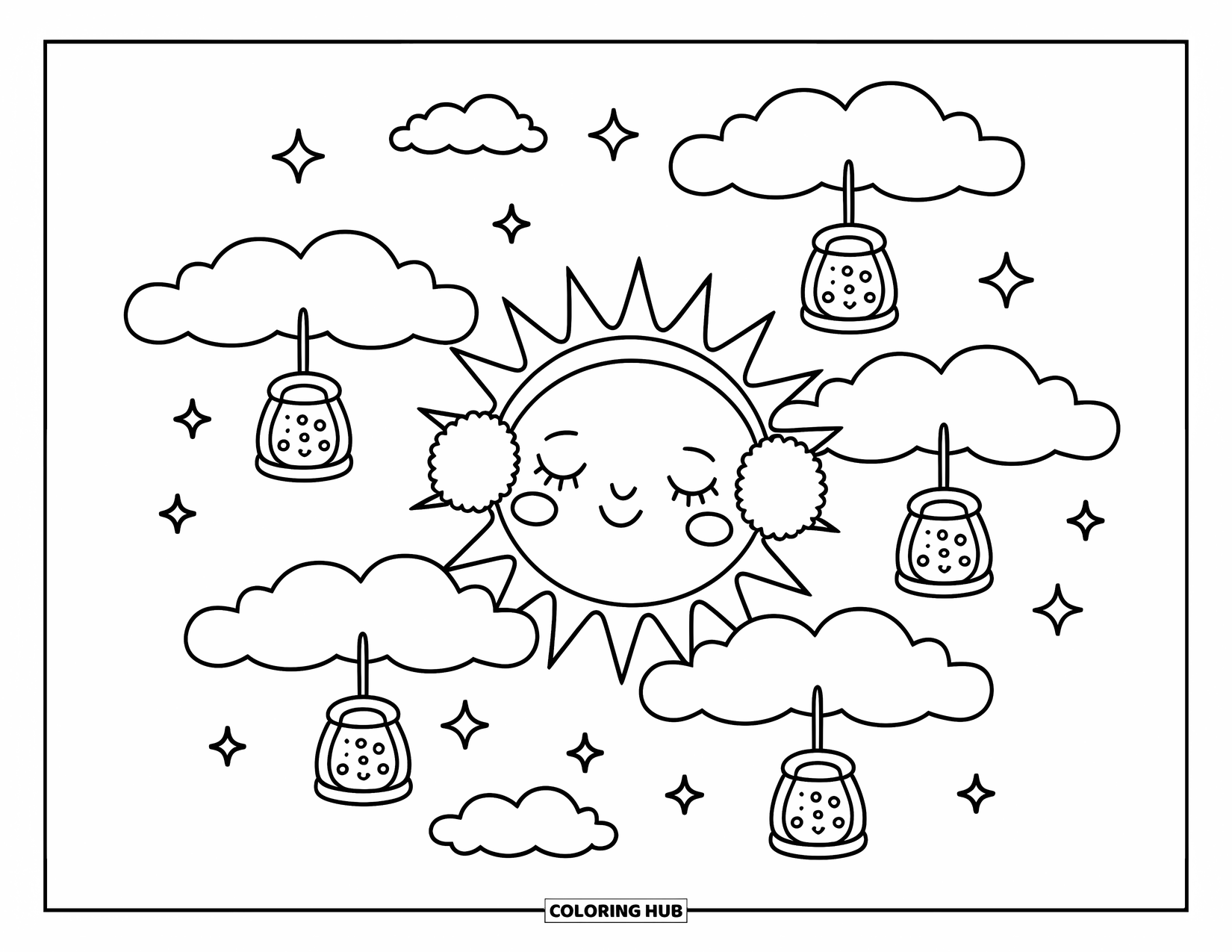 Outer Space Coloring Page for Adults: A sleepy sun with earmuffs floats among clouds holding tiny galaxy lanterns