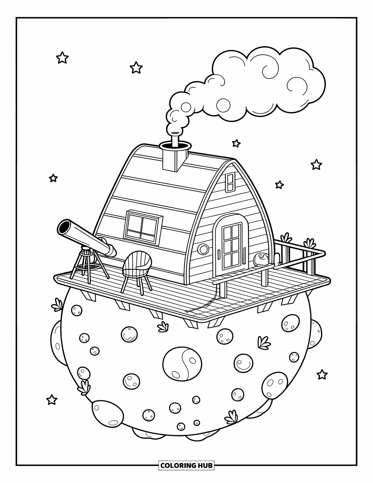 Outer Space Coloring Page for Adults: A soft space cabin with smoke, a telescope, and a glowing bunny lamp on an asteroid