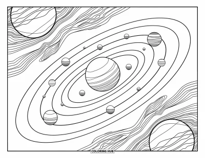 Outer Space Coloring Page for Adults: A solar system with planets and orbits framed by swirling nebulae and flowing lines