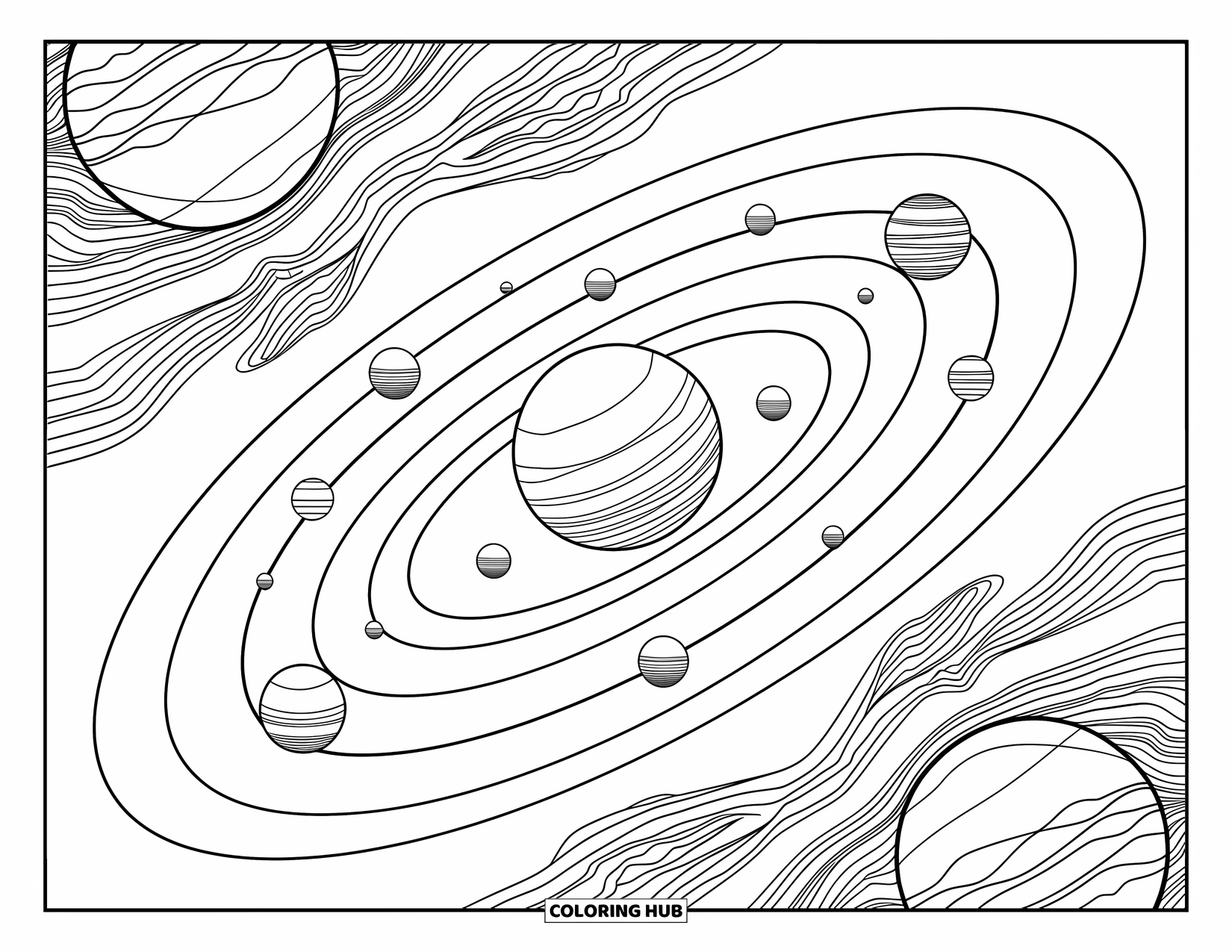 Outer Space Coloring Page for Adults: A solar system with planets and orbits framed by swirling nebulae and flowing lines
