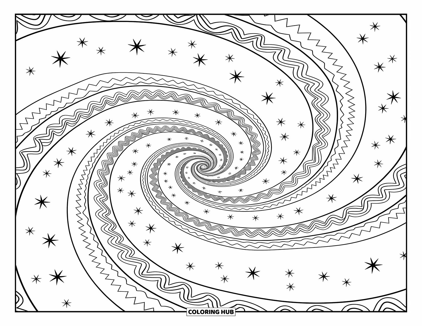 Outer Space Coloring Page for Adults: A spiral galaxy with scattered stars surrounded by intricate and harmonious designs