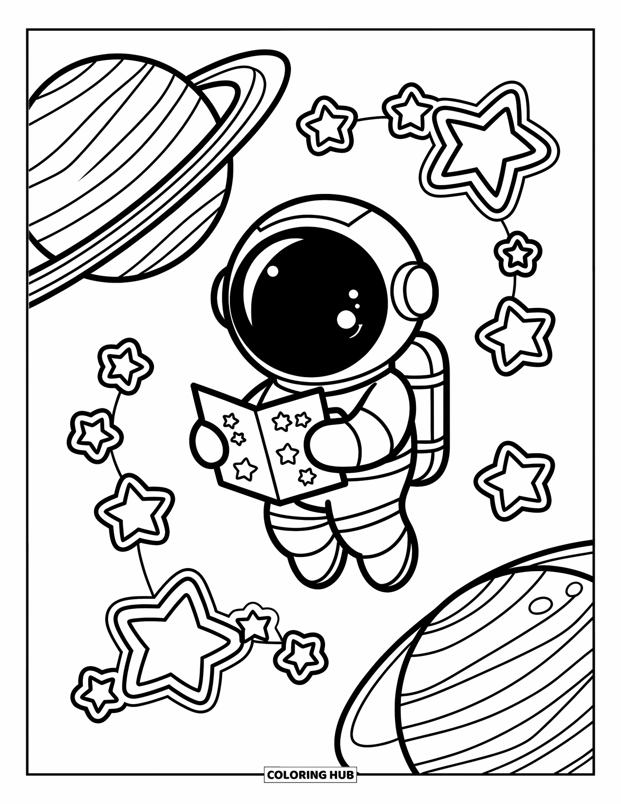 Outer Space Coloring Page for Adults: A tiny astronaut drifts near a ringed planet while holding a whimsical star map