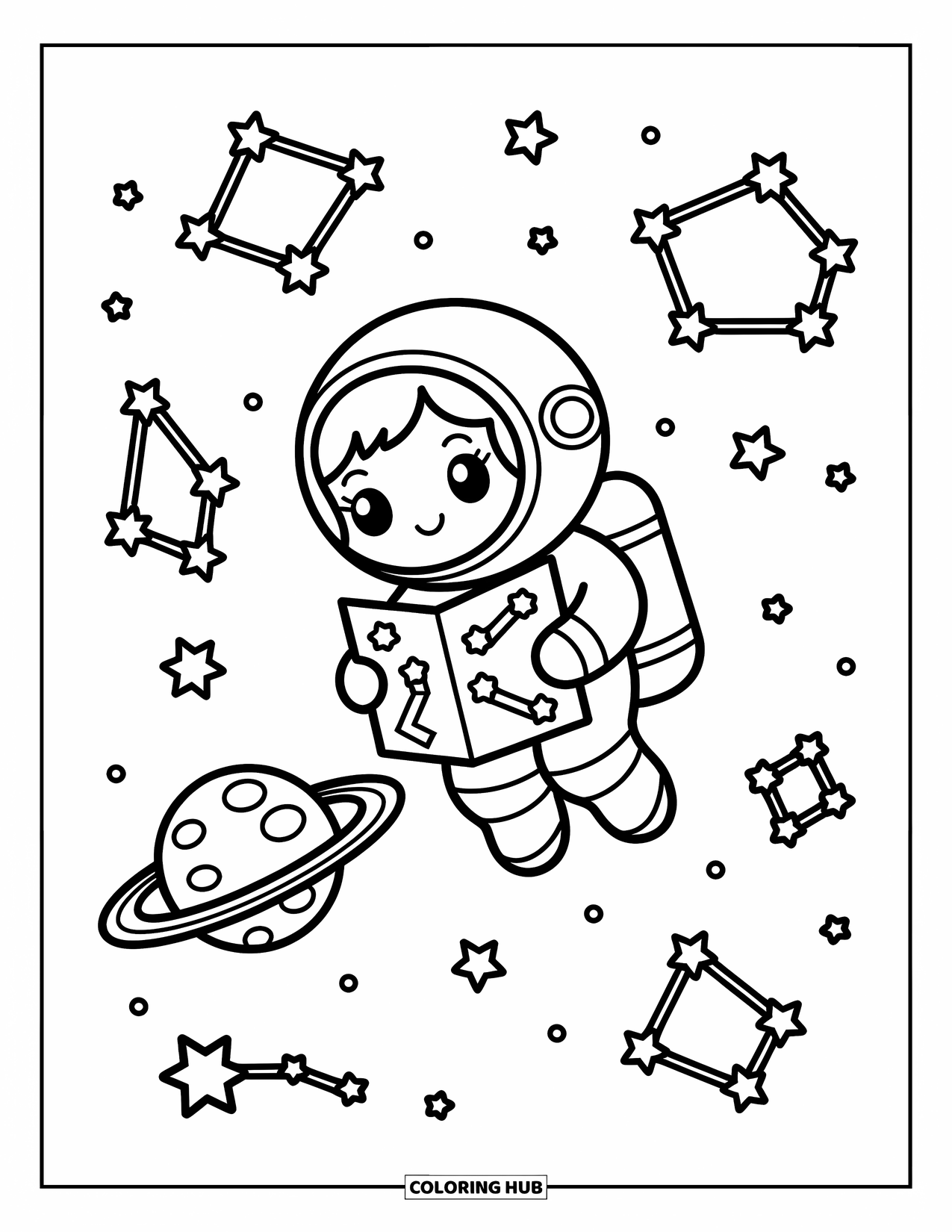 Outer Space Coloring Page for Adults: A tiny astronaut drifts near a ringed planet with a map and floating constellations