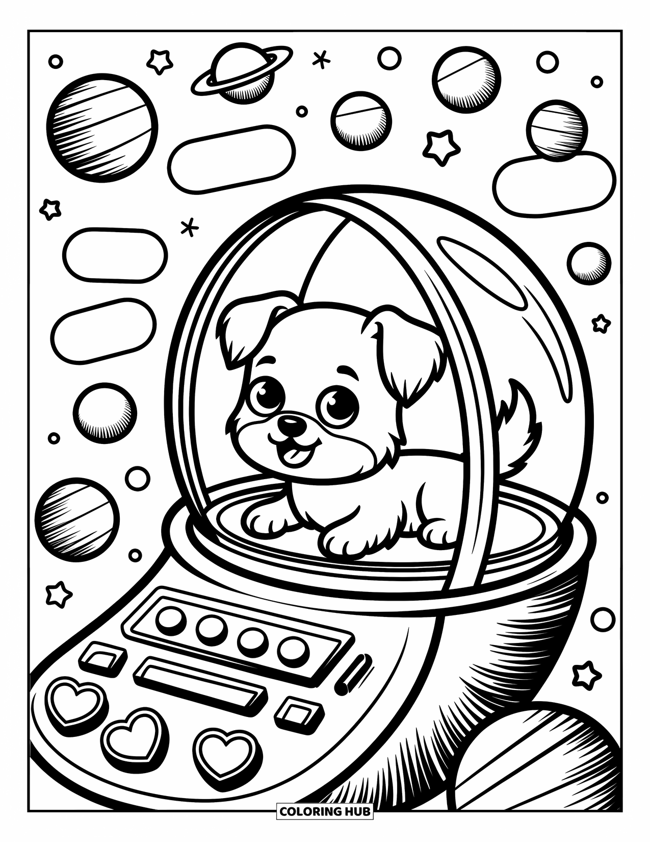 Outer Space Coloring Page for Adults: A tiny dog floats in a pod surrounded by whimsical planets with playful, cute names