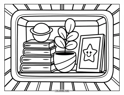 Outer Space Coloring Page for Adults: A tiny wooden shelf in a space station holds books, a sleepy plant, and a smiling star