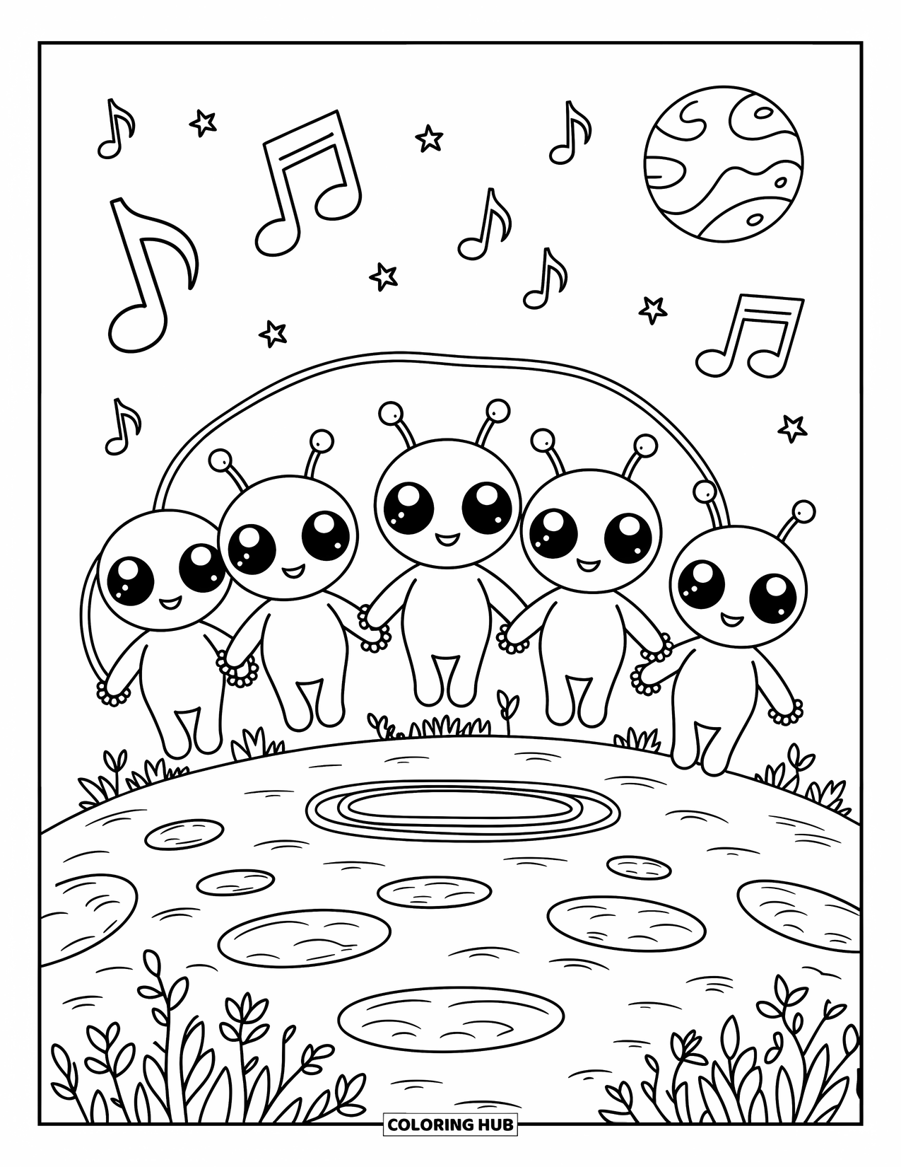 Outer Space Coloring Page for Adults: Adorable aliens play jump rope with a rainbow cord among space plants and music notes