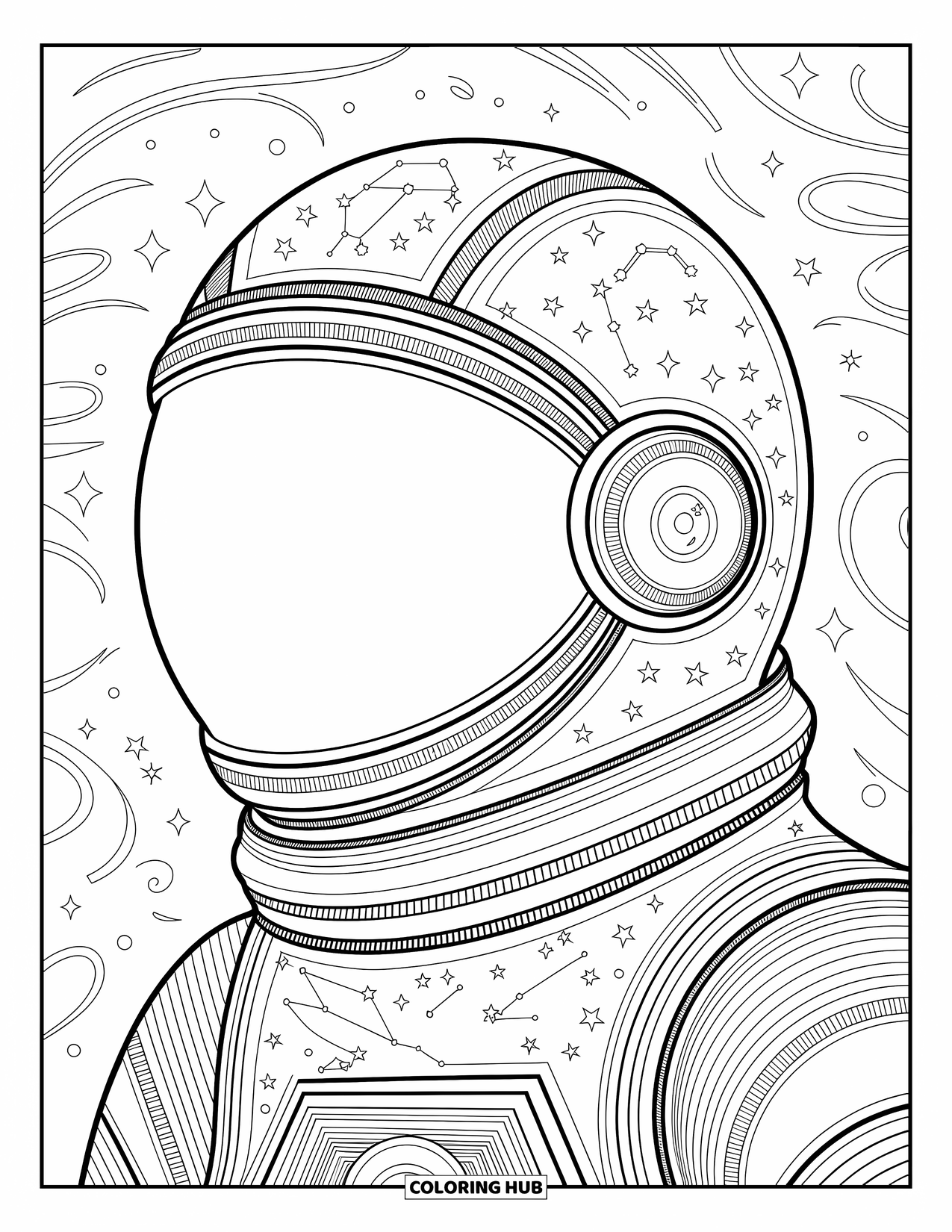 Outer Space Coloring Page for Adults: An astronaut helmet filled with stars, constellations, and cosmic symbols wrapped in intricate designs