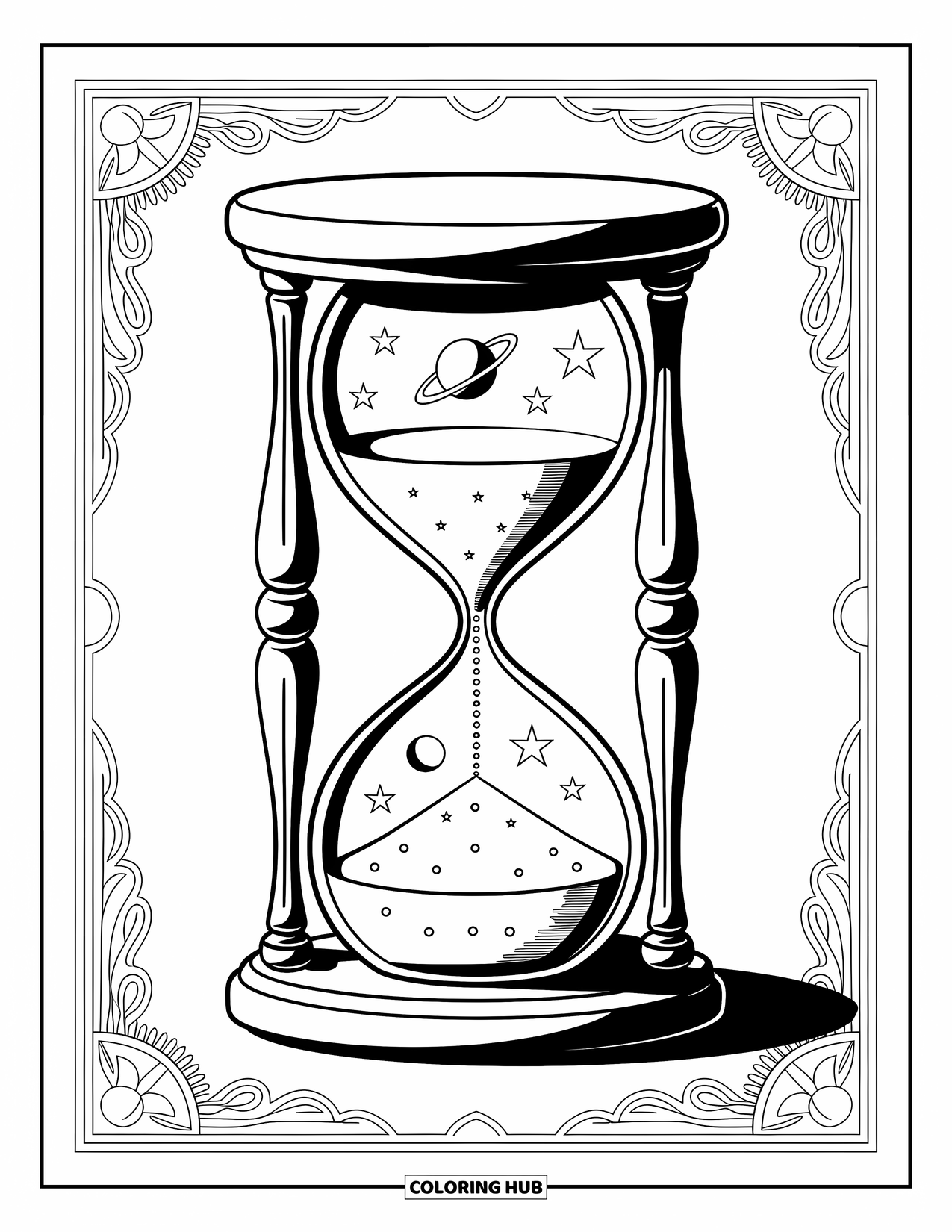 Outer Space Coloring Page for Adults: An hourglass with tiny planets and stars surrounded by intricate celestial patterns