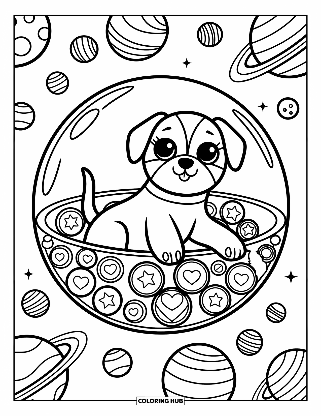 Outer Space Coloring Page for Adults: An observatory dog floats inside a glass pod, gazing at tiny, labeled planets