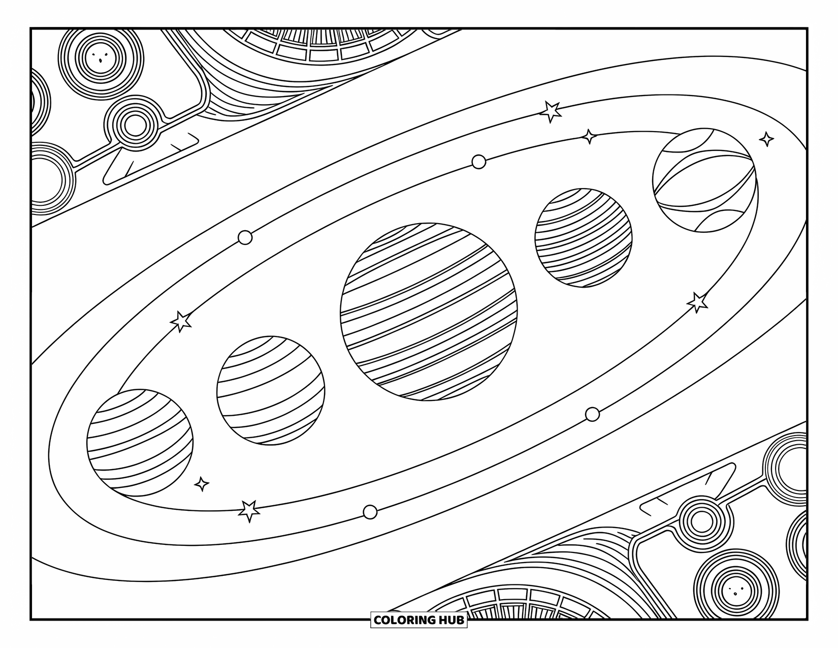 Outer Space Coloring Page for Adults: Elliptical planetary orbits and celestial bodies surrounded by elegant swirls and geometric designs